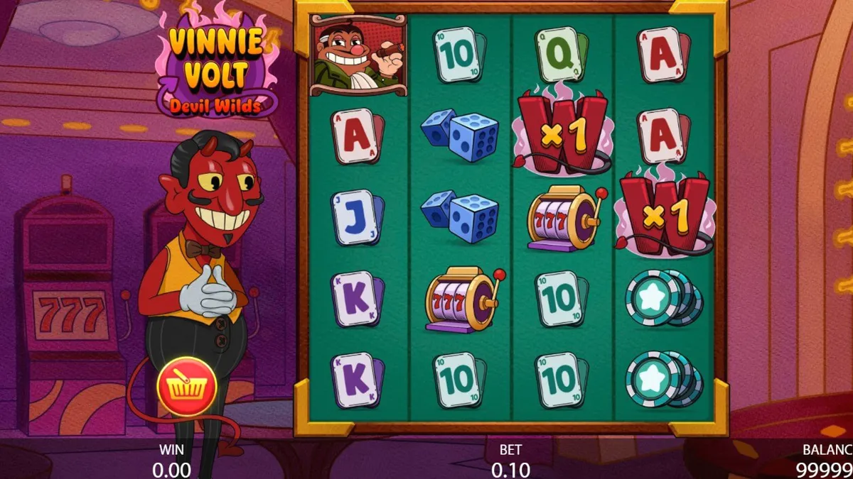 Vinnie Volt: Devil Wilds slot machine interface with cartoon devil character